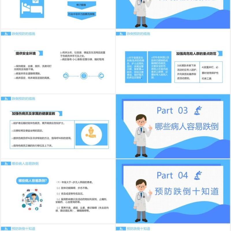 蓝色卡通跌倒坠床应急预案与处理流程通用PPT模板