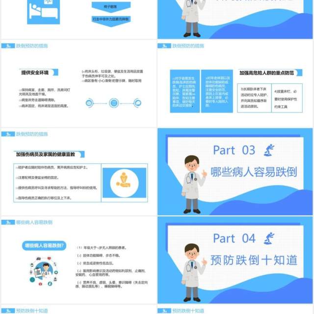 蓝色卡通跌倒坠床应急预案与处理流程通用PPT模板