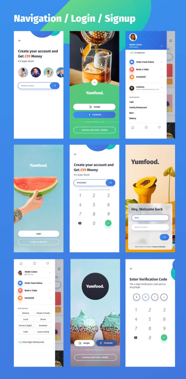 找到最好的餐馆,咖啡馆和酒吧,YumFood - Mobile App UI套件 找到最好的餐馆,咖啡馆和酒吧,YumFood - Mobile App UI套件