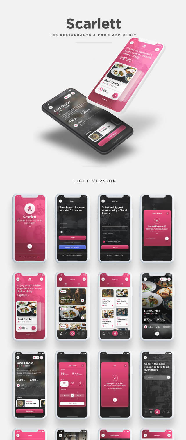 iOS Food&Restaurants App UI Kit - 适用于Sketch,Photoshop和XD,Scarlett iOS UI工具包 iOS Food&Restaurants App UI Kit - 适用于Sketch,Photoshop和XD,Scarlett iOS UI工具包