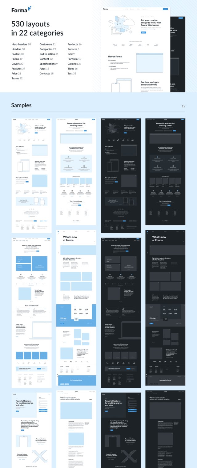 用于Sketch，Forma线框套件的大量530个web线框布局