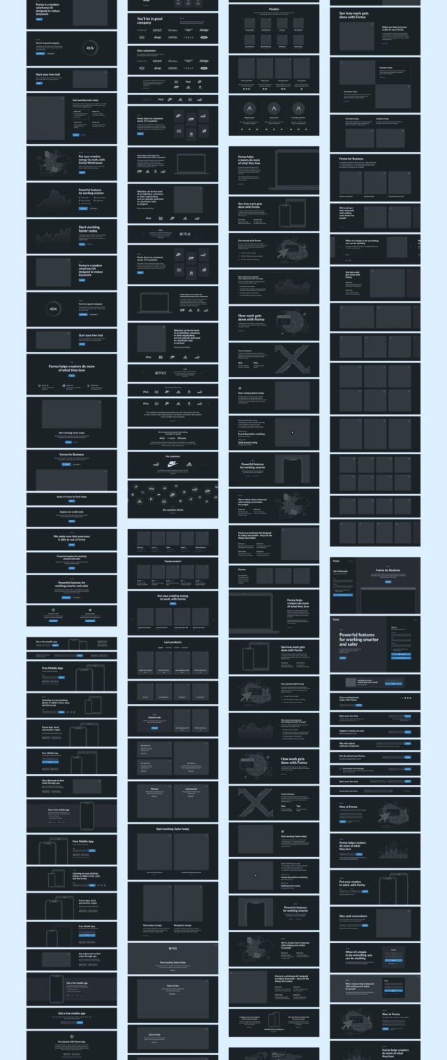 用于Sketch，Forma线框套件的大量530个web线框布局