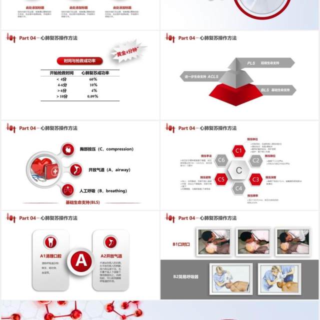 红色微粒体医疗健康心脏骤停心肺复苏急救知识操作方法培训PPT模板