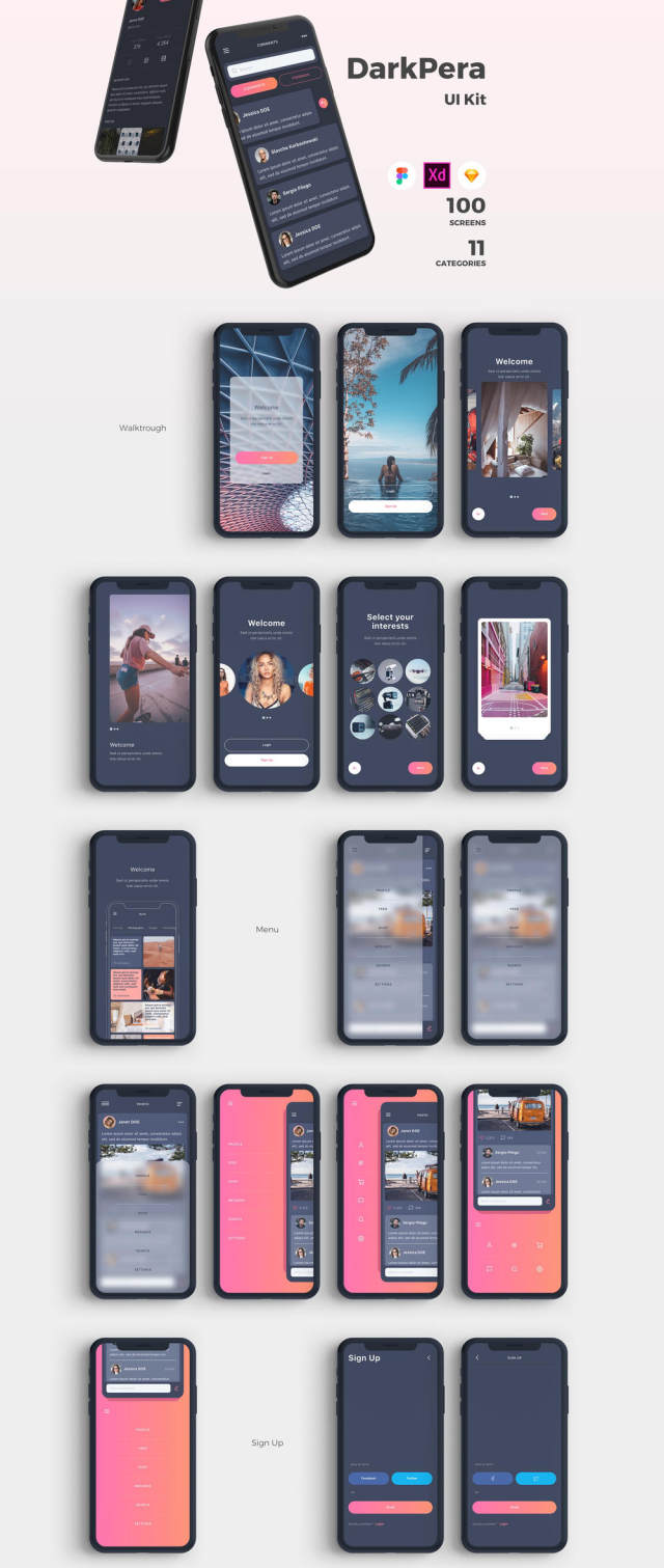 高品质黑暗的iOS UI套件专为素描，Adobe公司的XD和FIGMA，DarkPera UI工具包