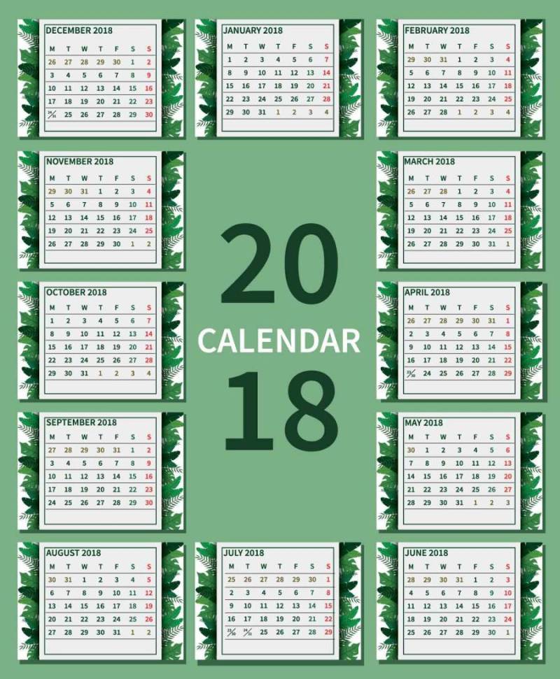  的绿色可打印日历图