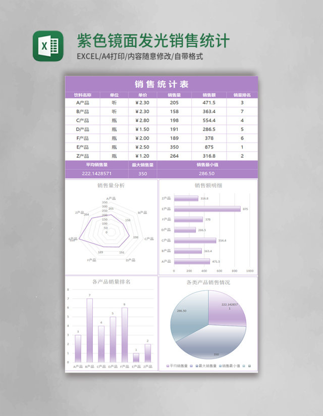 紫色镜面发光销售统计表excel模板 紫色镜面发光销售统计表excel模板