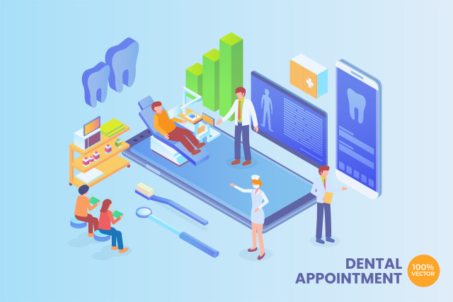 2.5D等距牙科预约矢量插画AI素材场景概念Isometric Dental Appointment Vector Concept