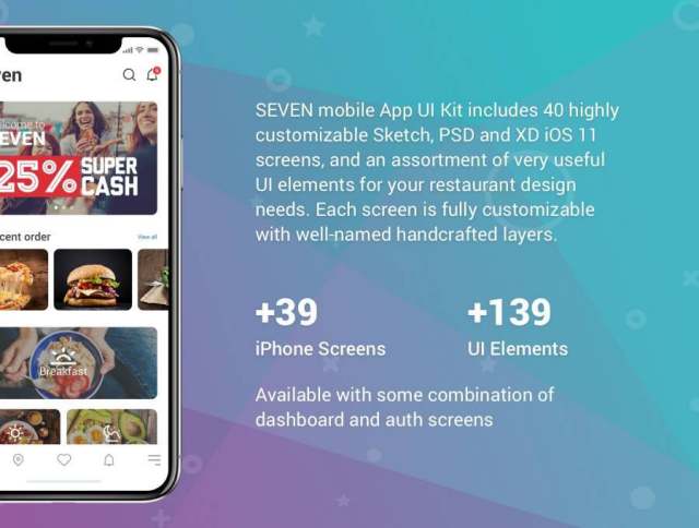 iPhone X Sketch，PSD和XD移动应用UI套件专为餐厅设计。，七餐厅UI套件