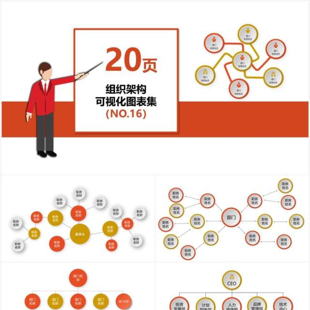 20页红黄色企业组织架构可视化图表集PPT模板