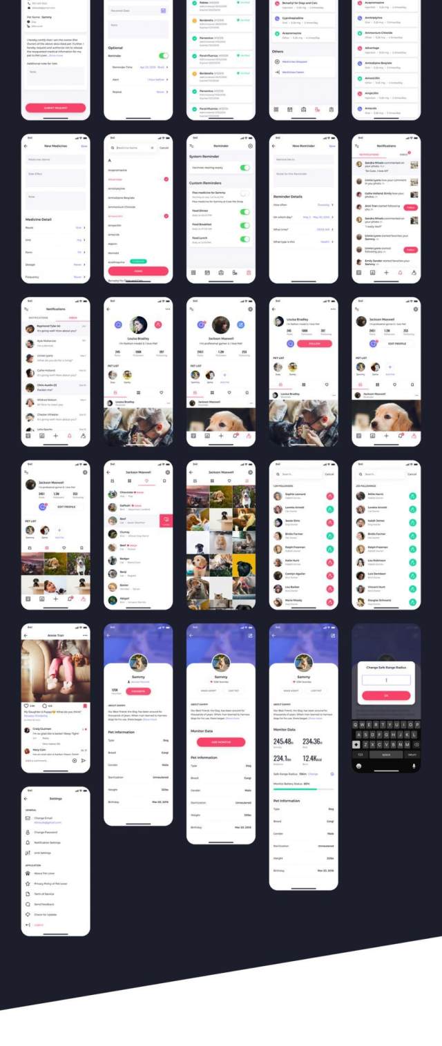 80多个独特的iOS X屏幕宠物社交网络和健康跟踪应用程序UI工具包(含sketch和XD源文件) 80多个独特的iOS X屏幕宠物社交网络和健康跟踪应用程序UI工具包(含sketch和XD源文件)