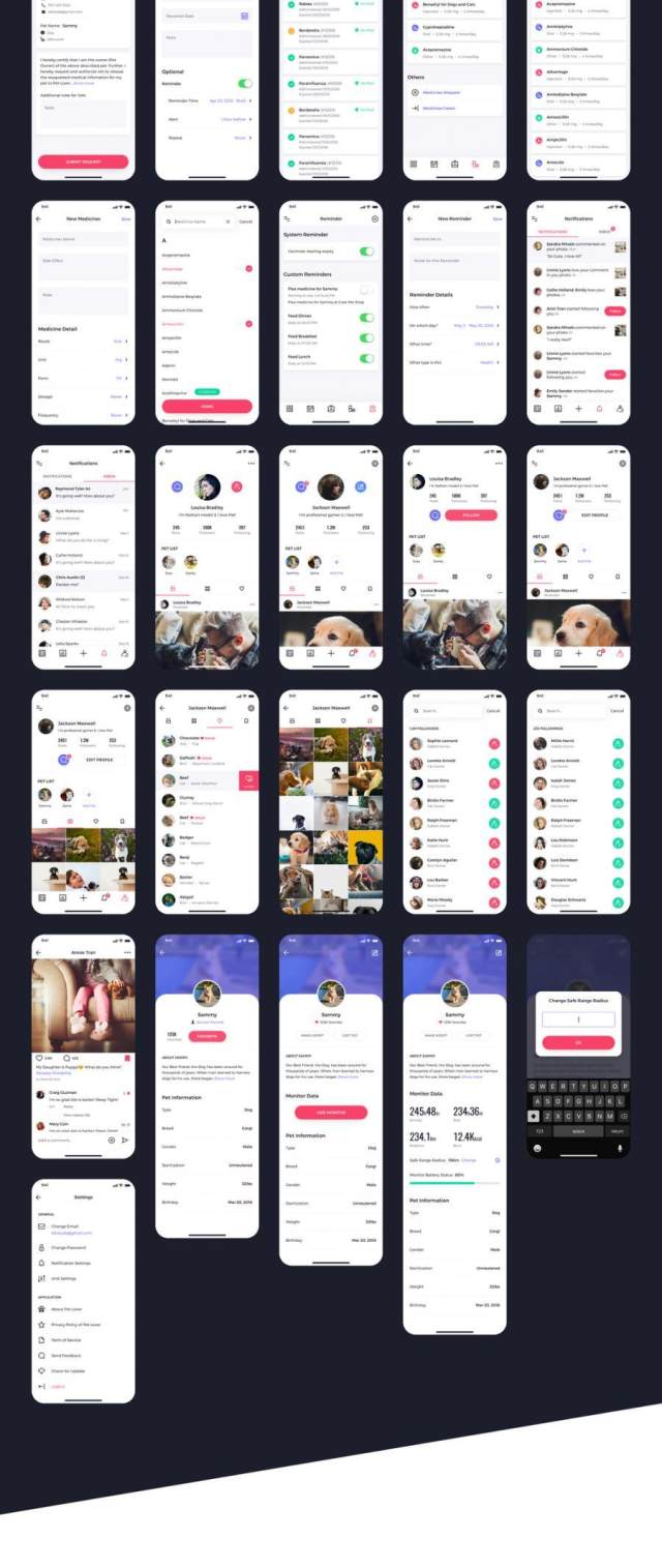 80多个独特的iOS X屏幕宠物社交网络和健康跟踪应用程序UI工具包（含sketch和XD源文件）