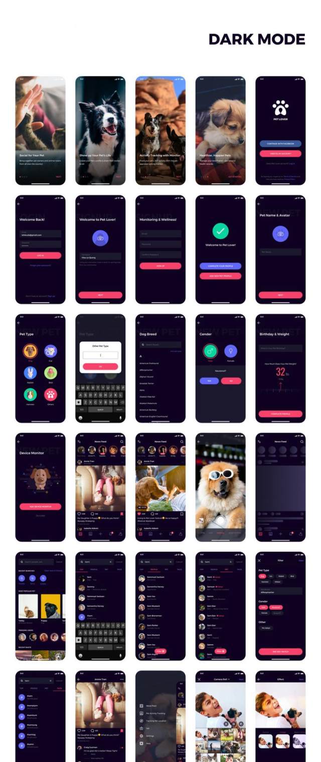 80多个独特的iOS X屏幕宠物社交网络和健康跟踪应用程序UI工具包（含sketch和XD源文件）