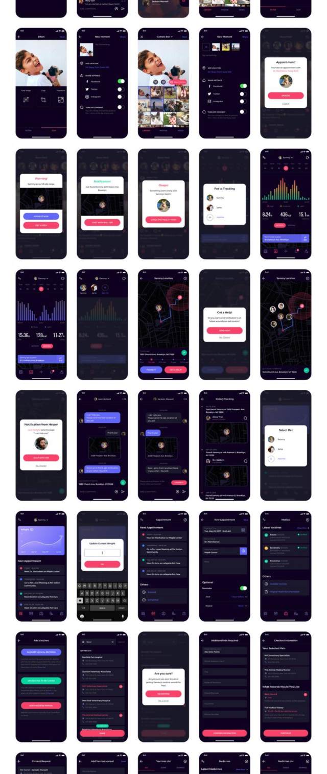 80多个独特的iOS X屏幕宠物社交网络和健康跟踪应用程序UI工具包(含sketch和XD源文件) 80多个独特的iOS X屏幕宠物社交网络和健康跟踪应用程序UI工具包(含sketch和XD源文件)