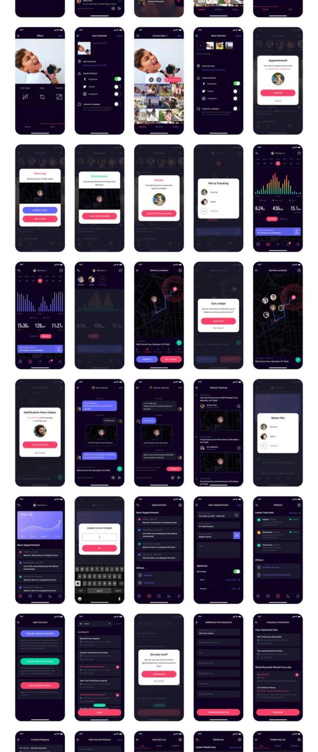 80多个独特的iOS X屏幕宠物社交网络和健康跟踪应用程序UI工具包（含sketch和XD源文件）