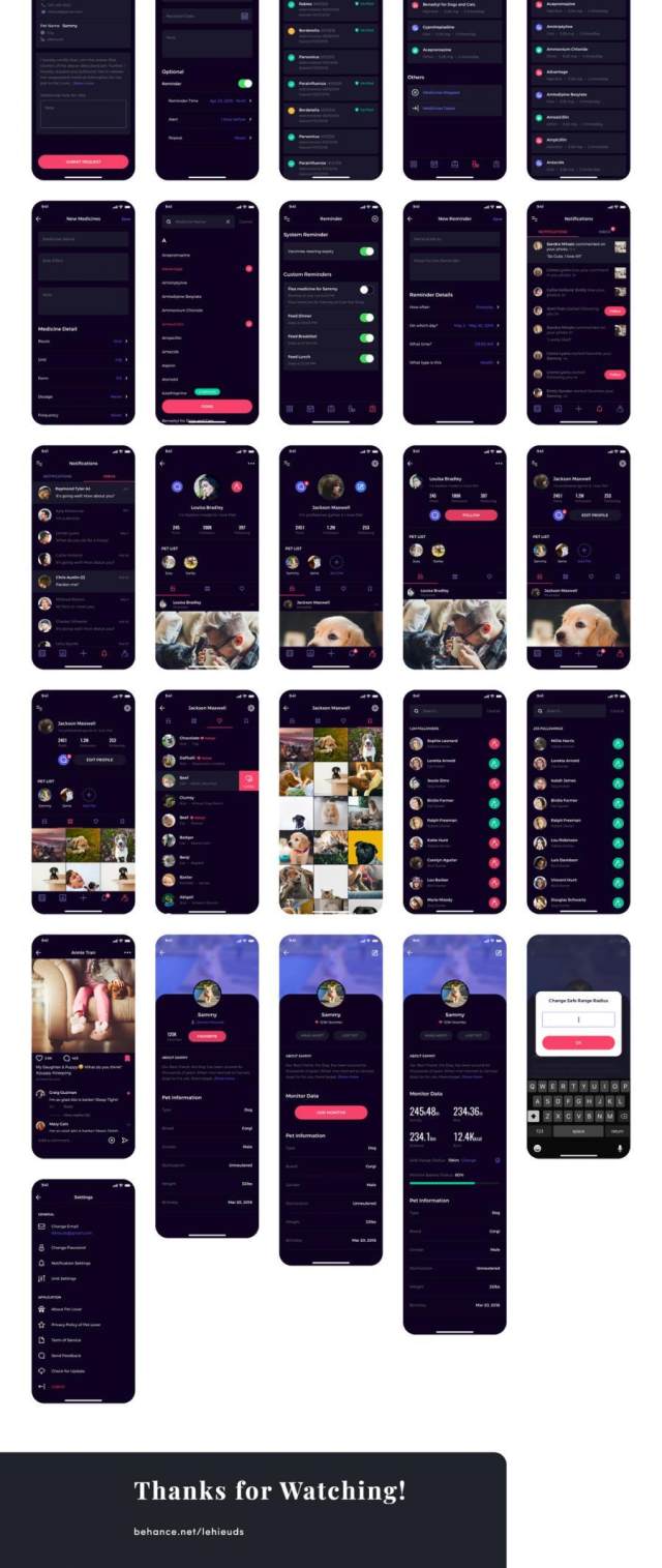 80多个独特的iOS X屏幕宠物社交网络和健康跟踪应用程序UI工具包（含sketch和XD源文件）