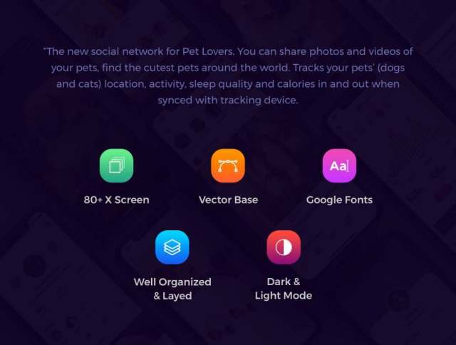 80多个独特的iOS X屏幕宠物社交网络和健康跟踪应用程序UI工具包（含sketch和XD源文件）