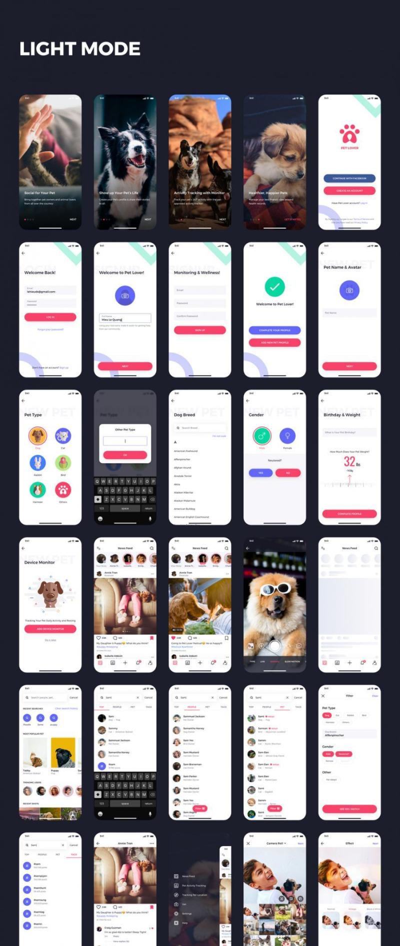 80多个独特的iOS X屏幕宠物社交网络和健康跟踪应用程序UI工具包（含sketch和XD源文件）