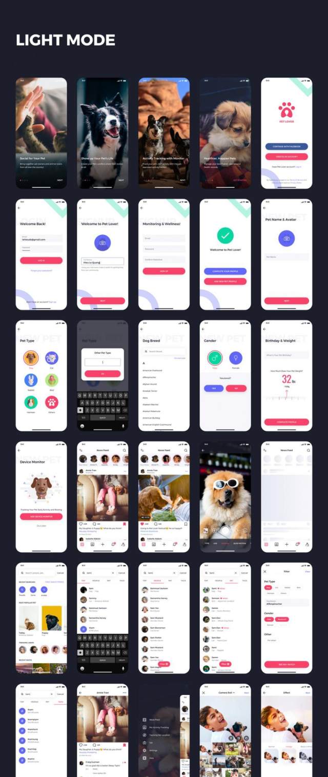 80多个独特的iOS X屏幕宠物社交网络和健康跟踪应用程序UI工具包(含sketch和XD源文件) 80多个独特的iOS X屏幕宠物社交网络和健康跟踪应用程序UI工具包(含sketch和XD源文件)