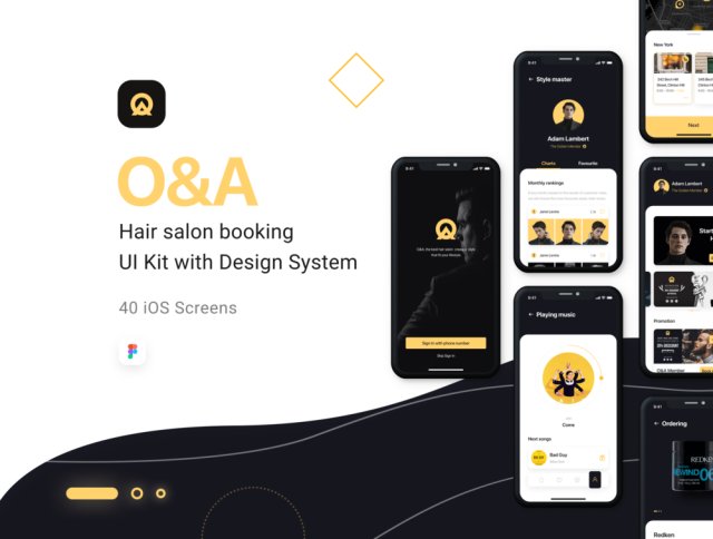 40个+屏幕设计理发预订应用程序，O＆A  - 理发订房UI工具包