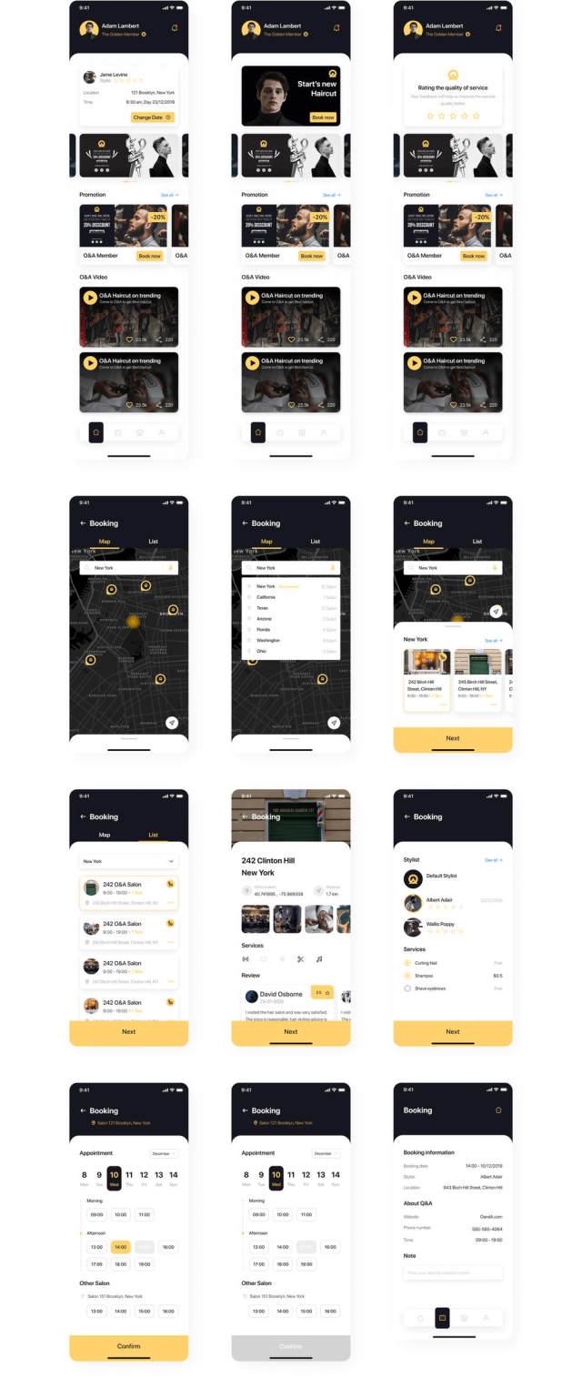 40个+屏幕设计理发预订应用程序，O＆A  - 理发订房UI工具包