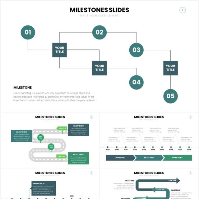 绿色简洁里程碑时间轴PPT信息图形素材Milestones Slides Template