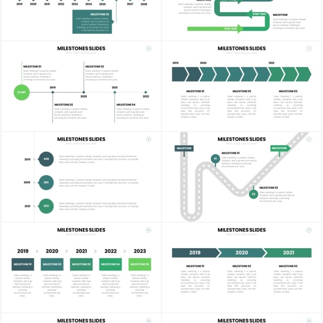 绿色简洁里程碑时间轴PPT信息图形素材Milestones Slides Template