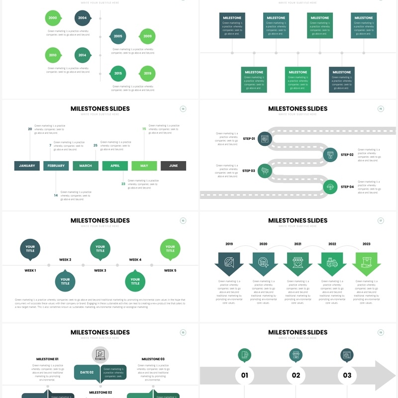 绿色简洁里程碑时间轴PPT信息图形素材Milestones Slides Template