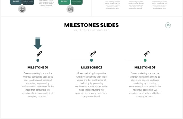 绿色简洁里程碑时间轴PPT信息图形素材Milestones Slides Template