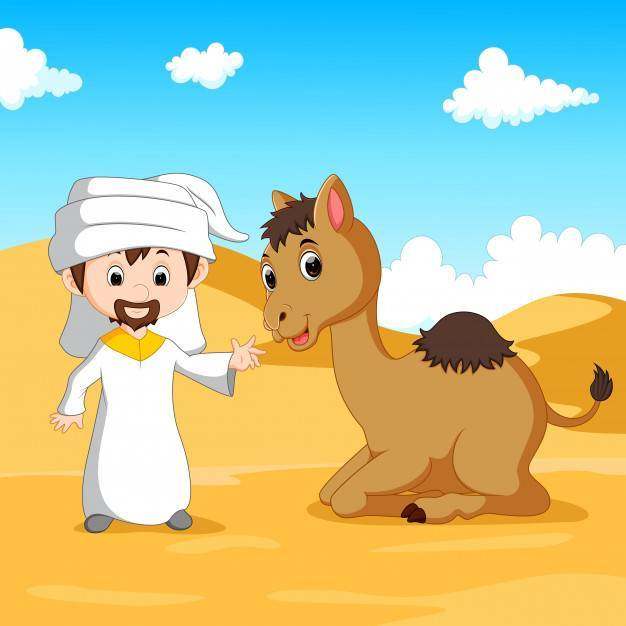 阿拉伯男孩和骆驼在沙漠中