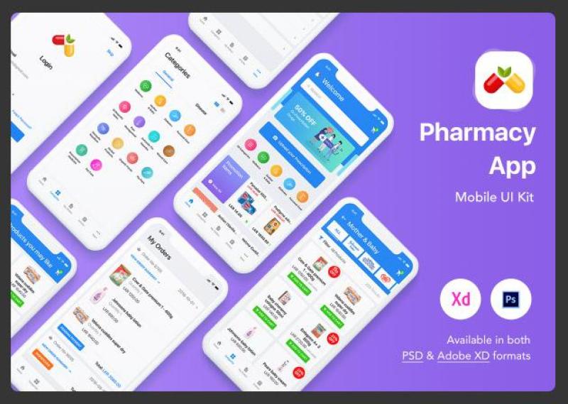 药房应用程序移动用户界面工具包Pharmacy App Mobile UI Kit