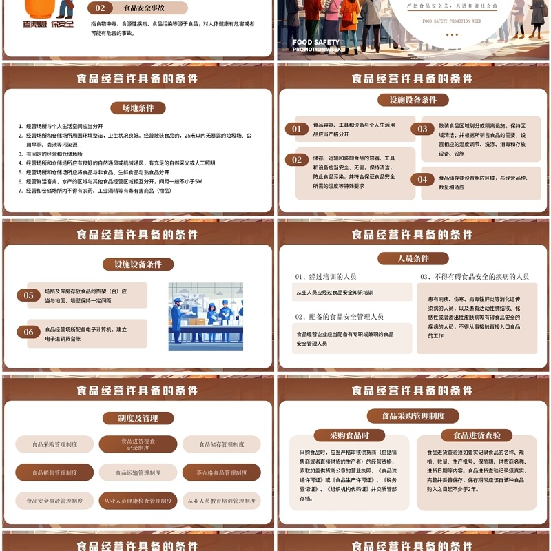 棕色插画风诚信尚俭共享食安PPT模板