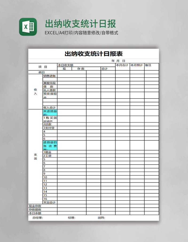 出纳收支统计日报表excel模板