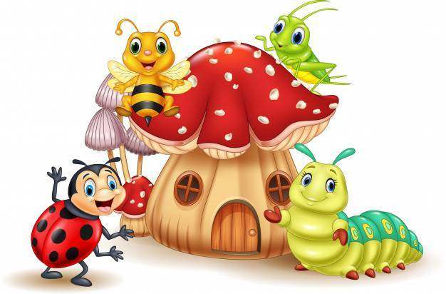 卡通搞笑昆虫与蘑菇房子
