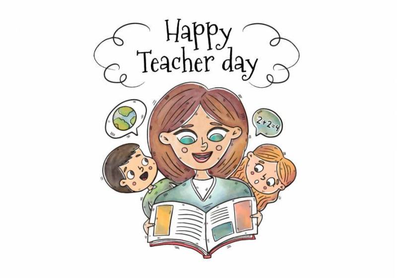 水彩老师和孩子们在读一本书到教师节