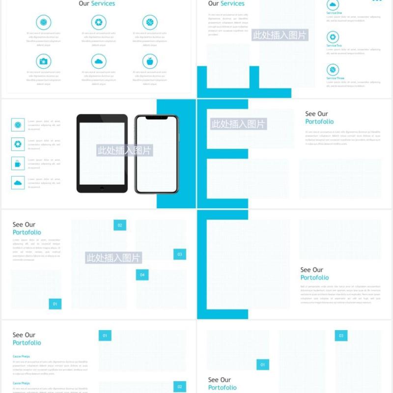 简约蓝色商务图片排版设计PPT模板Business Presentation PPTX - iWantemp