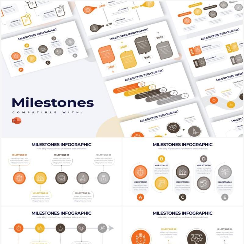 橙灰色时间轴时间线里程碑PPT信息图素材Milestones Powerpoint Infographics