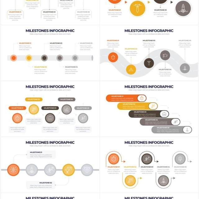 橙灰色时间轴时间线里程碑PPT信息图素材Milestones Powerpoint Infographics