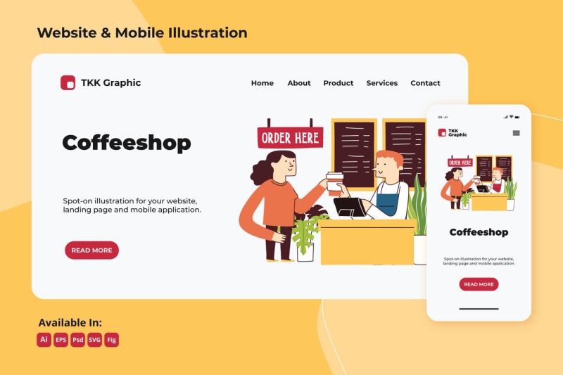 咖啡厅商务网站和手机移动端界面插画设计矢量素材Coffeeshop business web and mobile design