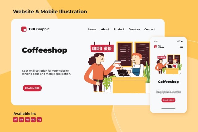 咖啡厅商务网站和手机移动端界面插画设计矢量素材Coffeeshop business web and mobile design