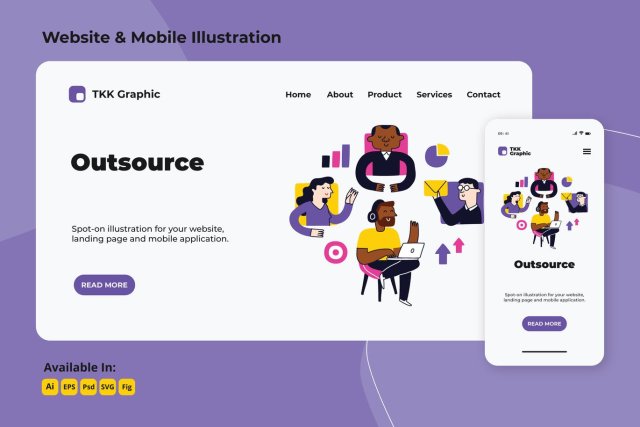 外包、远程工作者网络和移动界面设计矢量插画素材Outsource, remote worker web and mobile 外包、远程工作者网络和移动界面设计矢量插画素材Outsource, remote worker web and mobile