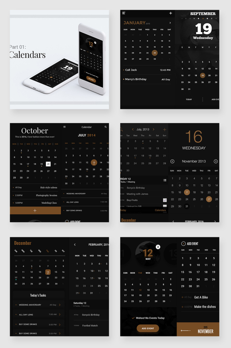 黑色大气日历APP界面UI设计元素