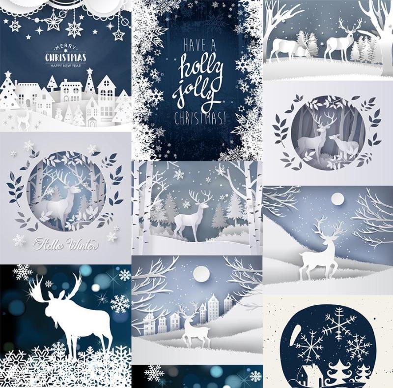 11款唯美创意剪纸麋鹿圣诞节植物海报冬天冬季新年AI矢量分层素材