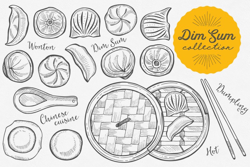 亚洲美食点心插图手绘线描矢量素材Asian Food Dim Sum Illustrations