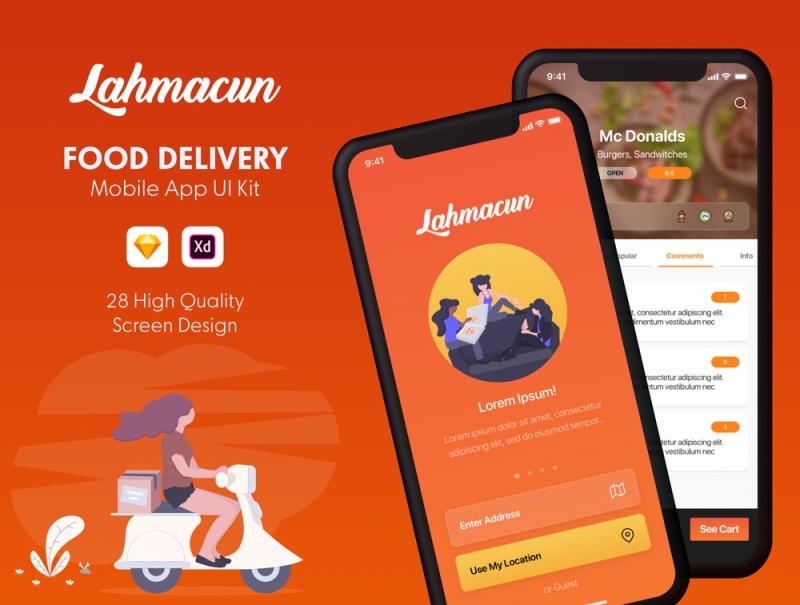 用于Sketch的Food Delivery Mobile UI UI工具包，Adobe XD。，Lahmacun - Food Delivery Mobile App UI Kit