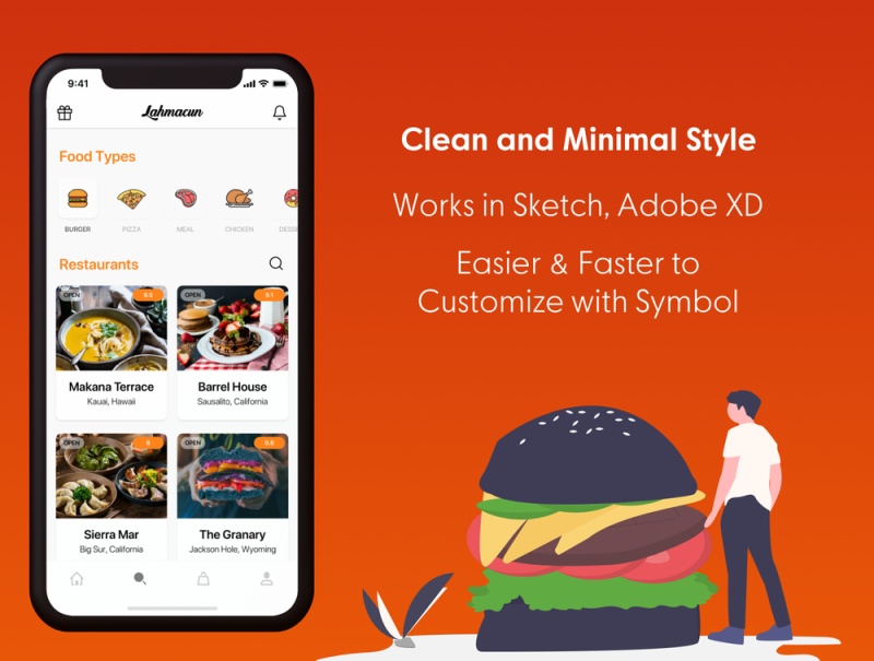 用于Sketch的Food Delivery Mobile UI UI工具包，Adobe XD。，Lahmacun - Food Delivery Mobile App UI Kit
