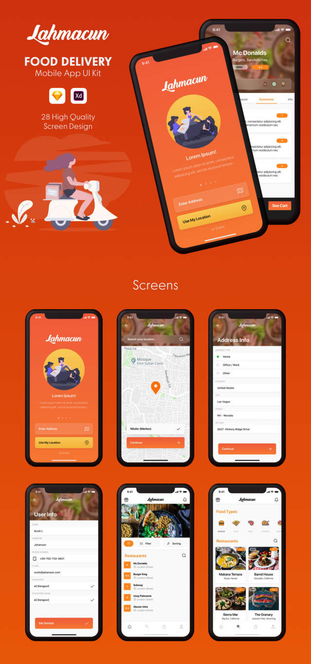 用于Sketch的Food Delivery Mobile UI UI工具包，Adobe XD。，Lahmacun - Food Delivery Mobile App UI Kit