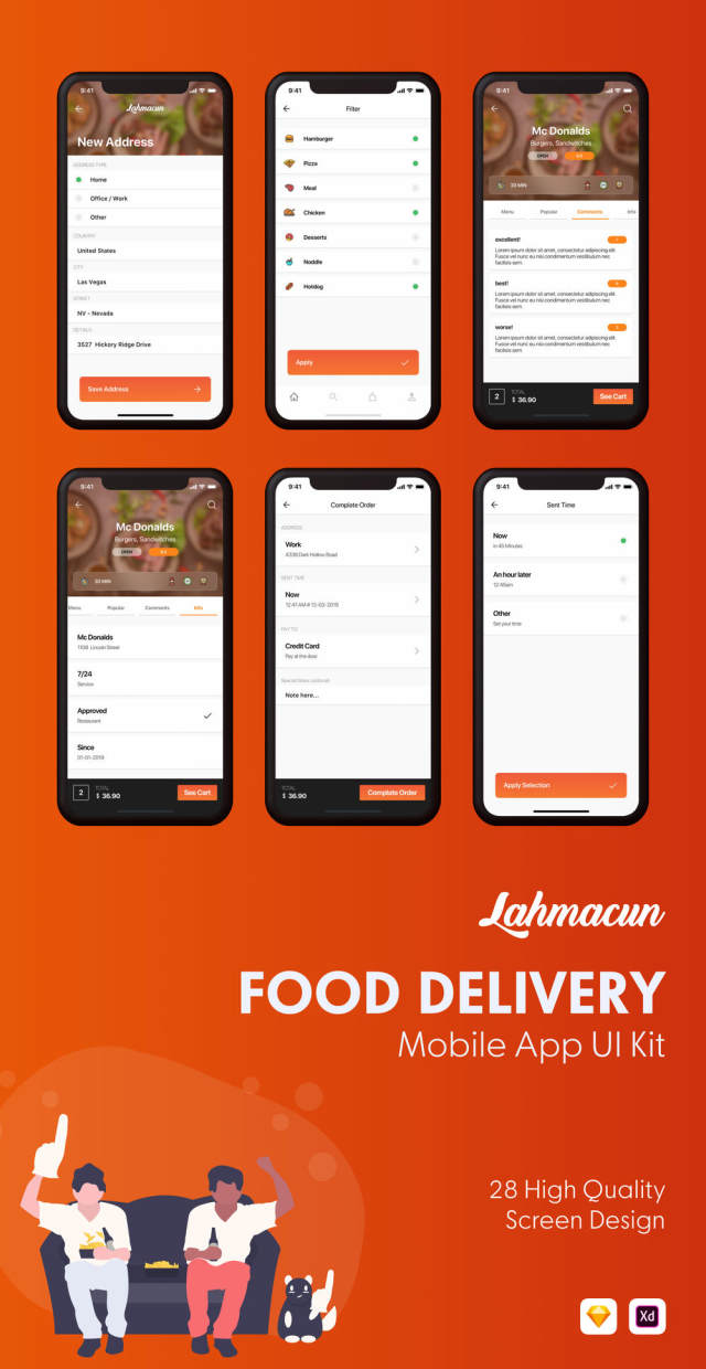 用于Sketch的Food Delivery Mobile UI UI工具包，Adobe XD。，Lahmacun - Food Delivery Mobile App UI Kit