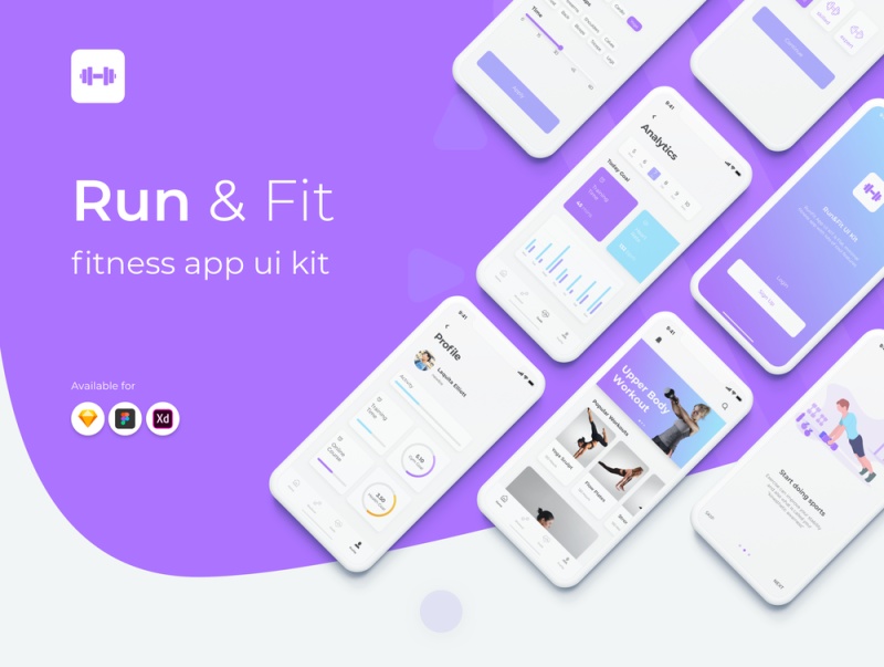 Run＆Fit Fitness App UI套件采用Sketch，XD和Figma，Run＆Fit Fitness App UI套件设计