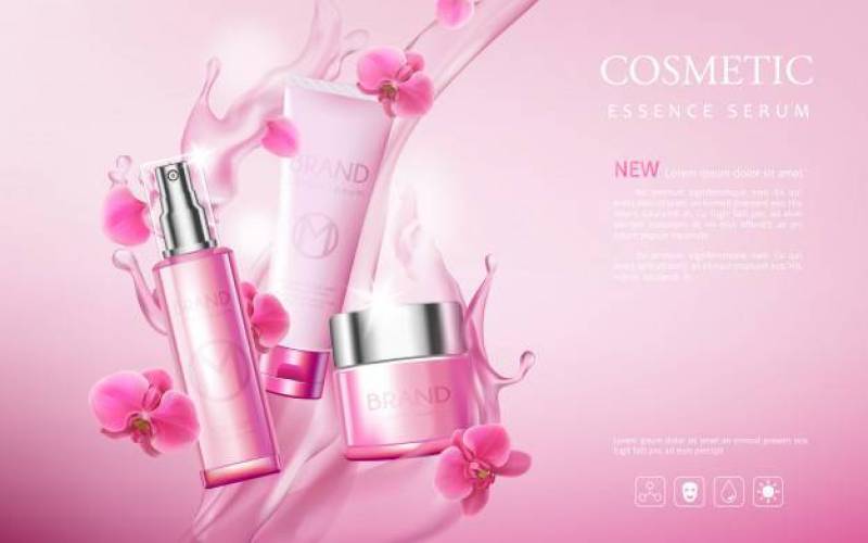 Cosmetic poster premium products, pink background with beautiful bottle and watery texture