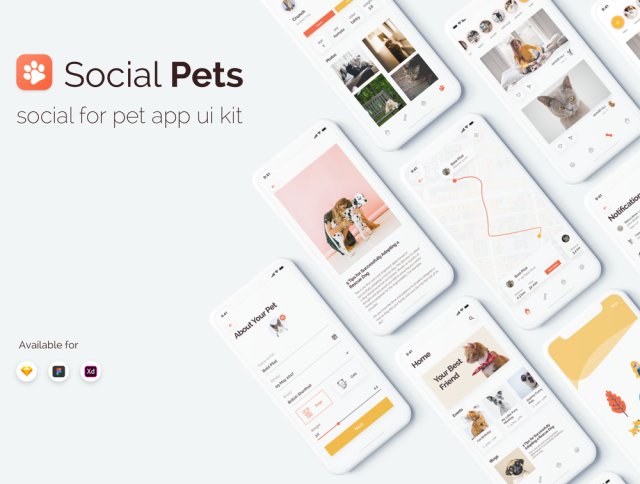 社交宠物应用程序UI工具包设计在Sketch，XD和Figma，社交宠物应用程序UI工具包
